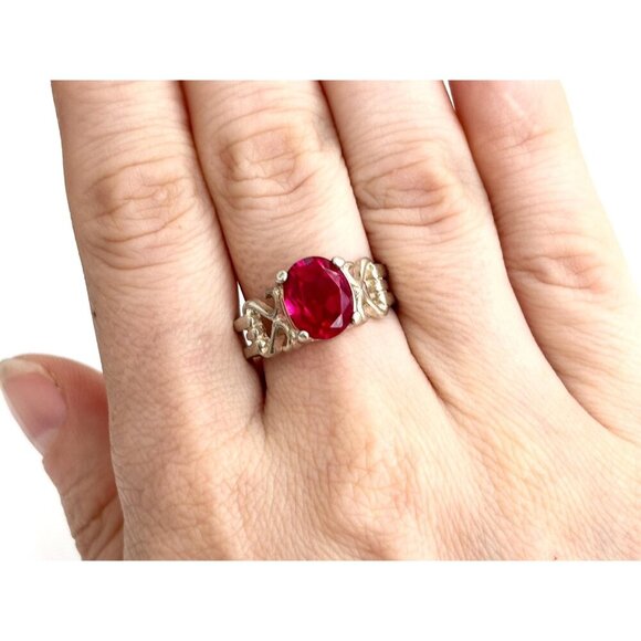 Modernist Natural Ruby Gemstone Geometric Sterling Silver Vintage Ring - sz 8 - Picture 7 of 10